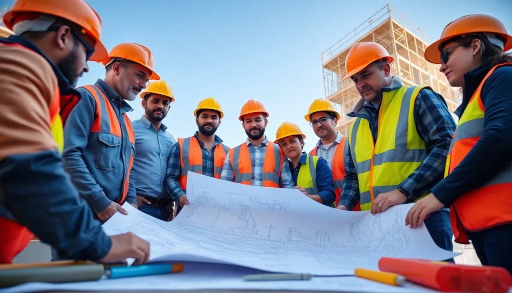 Careers in construction: Diverse construction workers collaborate on-site with blueprints and tools.