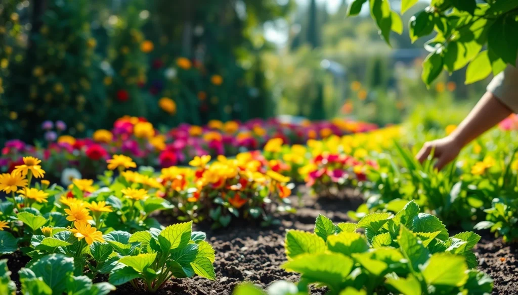 Engaging scene of Gardening with colorful flowers and a dedicated gardener in a lush setting.