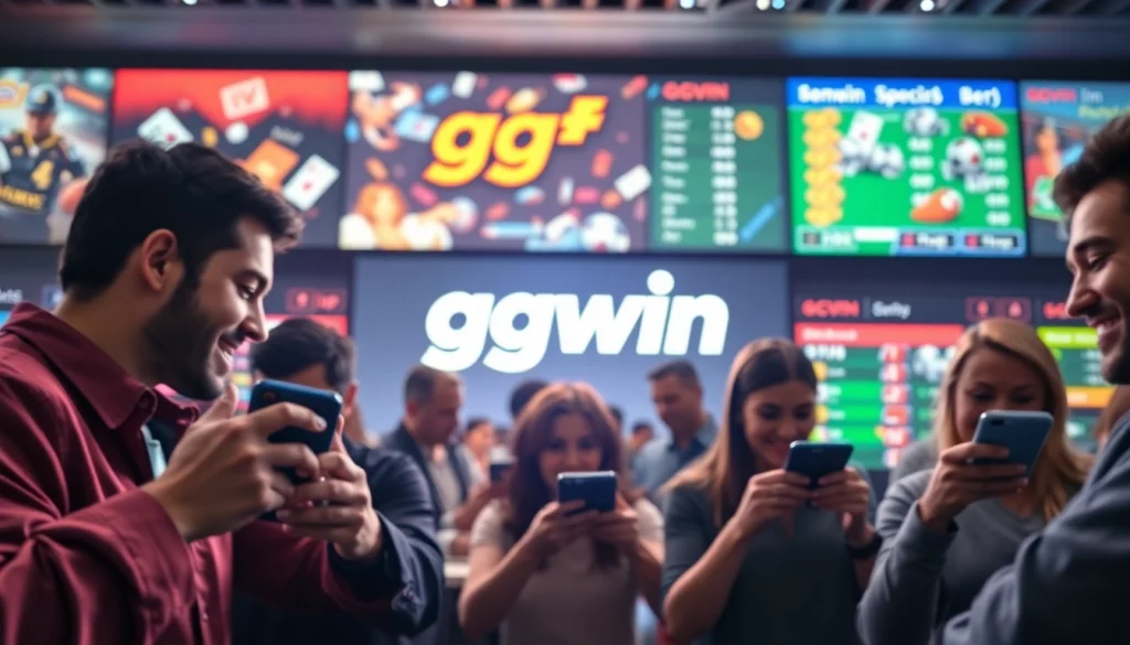 Engaging users interacting with the ggwin online gambling platform in a vibrant setting.