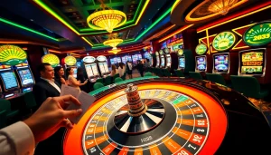 Players enjoy thrilling games at Hi88's luxurious casino, featuring roulette and slot machines.