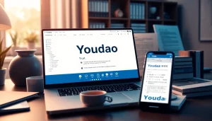Youdao Translation interface on a laptop, showcasing multilingual document translation features in a modern workspace