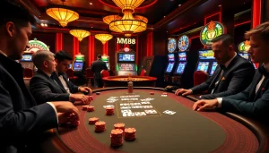 Experience high stakes gameplay at MM88's luxurious poker table surrounded by excitement and professional gamblers.