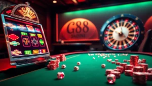 Witness the excitement of GG88 SLOT with vibrant casino tables and modern slot machines.
