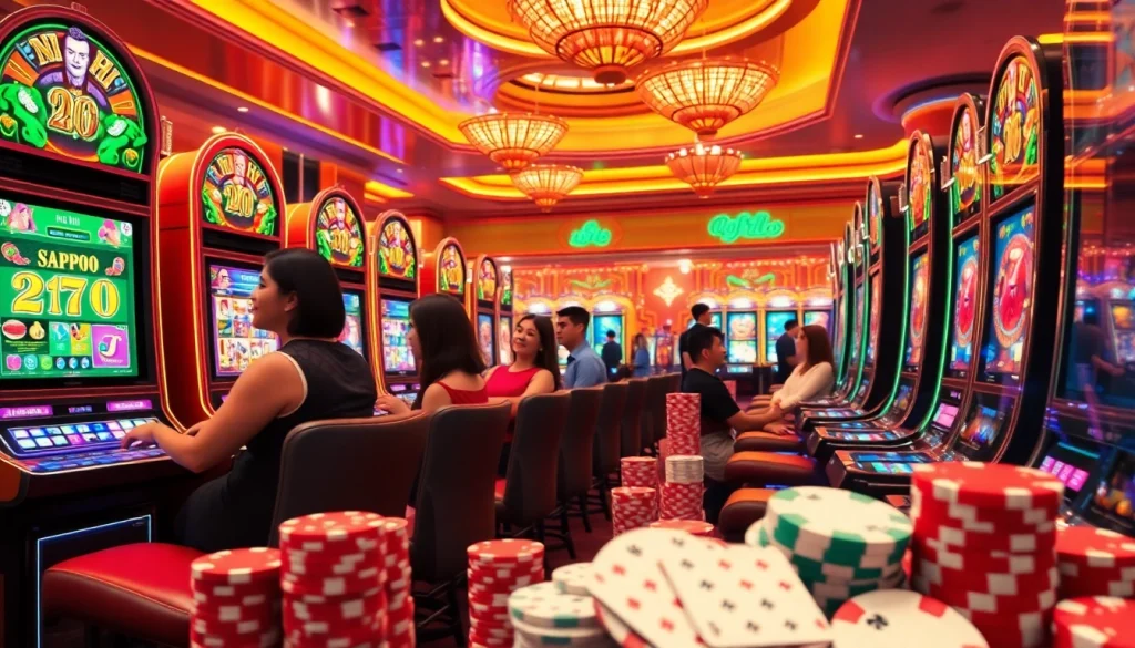 Engaging players enjoying nổ hũ slot machines in a luxurious casino setting.