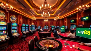 Players enjoying a lively poker game at a luxurious casino with say88 branding visible.