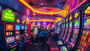 Exciting doaslot slot machines in a vibrant casino environment, showcasing colorful gameplay.