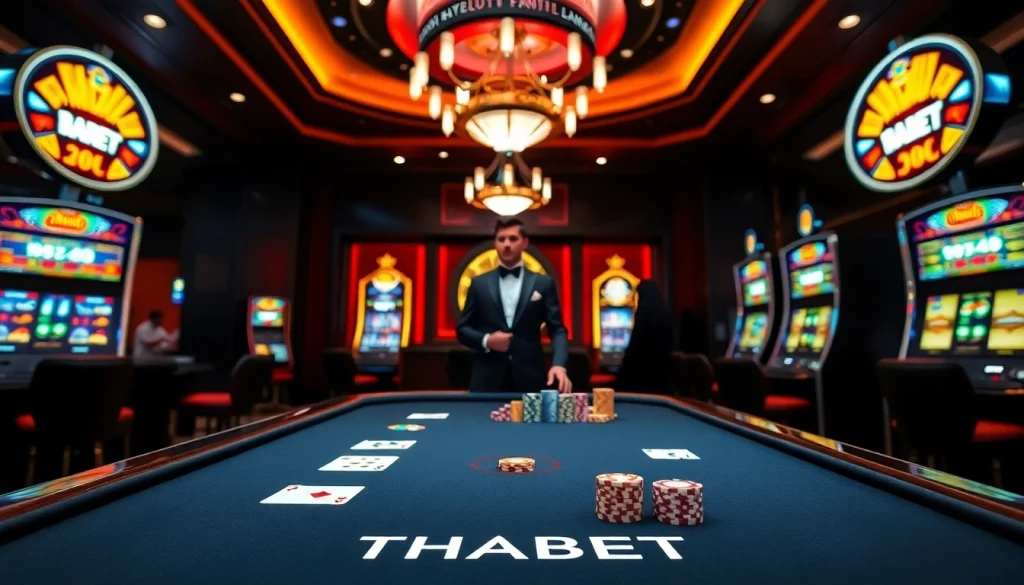 Engage with THABET's exciting poker action at a luxurious casino table with vibrant ambiance.