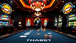 Engage with THABET's exciting poker action at a luxurious casino table with vibrant ambiance.