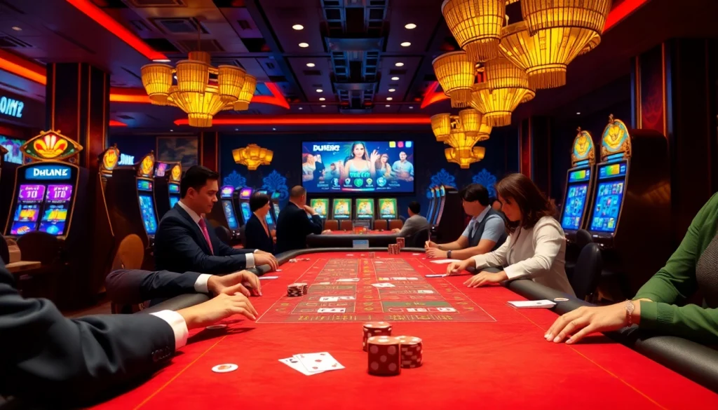 Betting experience at Nhà cái DU388 with vibrant casino elements and engaged players.