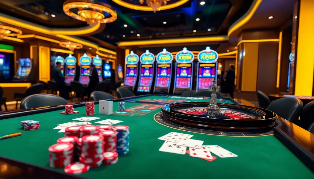 XIN88 casino scene featuring poker chips, playing cards, and a roulette wheel in an upscale gambling environment.