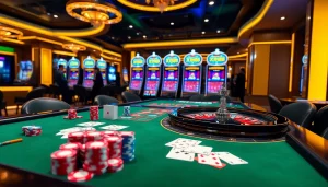 XIN88 casino scene featuring poker chips, playing cards, and a roulette wheel in an upscale gambling environment.