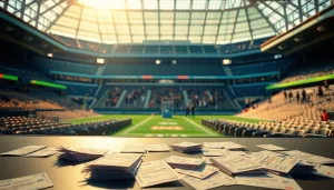 Visualize sports betting in Oklahoma with odds boards and enthusiastic fans at a stadium.