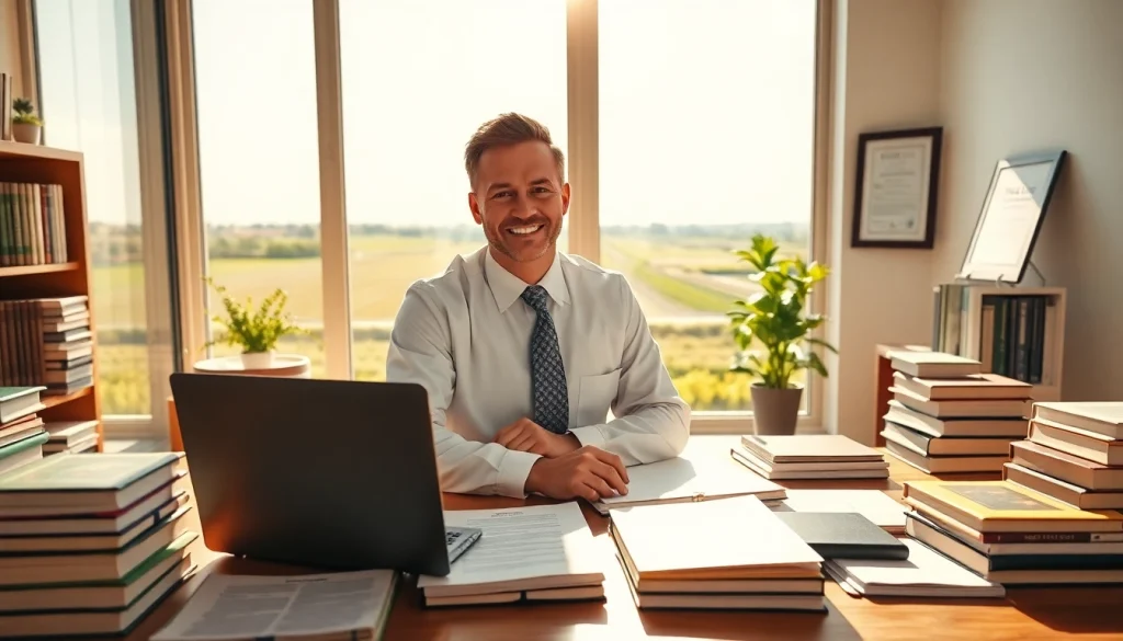 Engaging agricultural law attorney reviewing documents in a professional office setting.