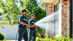 Pressure wash service team cleaning a residential house in Kissimmee, Florida, highlighting eco-friendly practices.