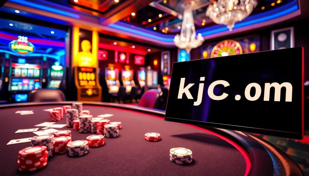 Enter the exciting world of gambling with KJC Trumpshop's luxurious casino atmosphere featuring vibrant poker tables and slots.