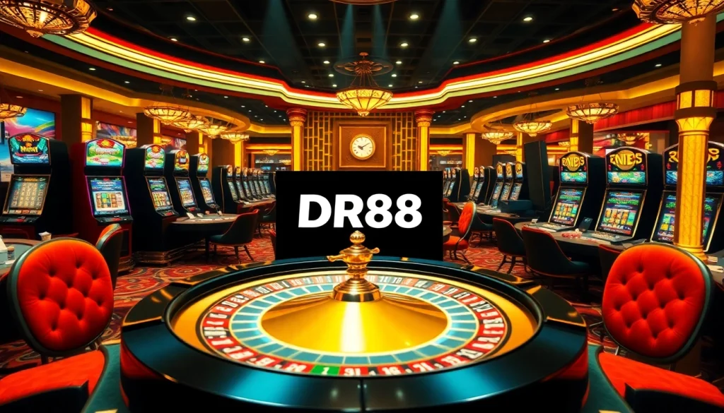 Experience the thrill of online gambling at DR88, featuring luxurious casino tables and an exquisite roulette wheel.