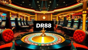 Experience the thrill of online gambling at DR88, featuring luxurious casino tables and an exquisite roulette wheel.