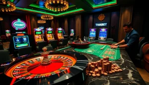 Action-packed scene at THABET casino, featuring roulette wheel and excited players.