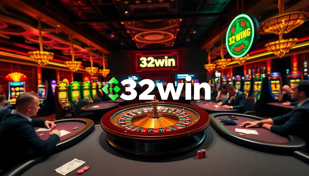 Experience the thrill of 32win at a luxurious casino with vibrant tables and slot machines.