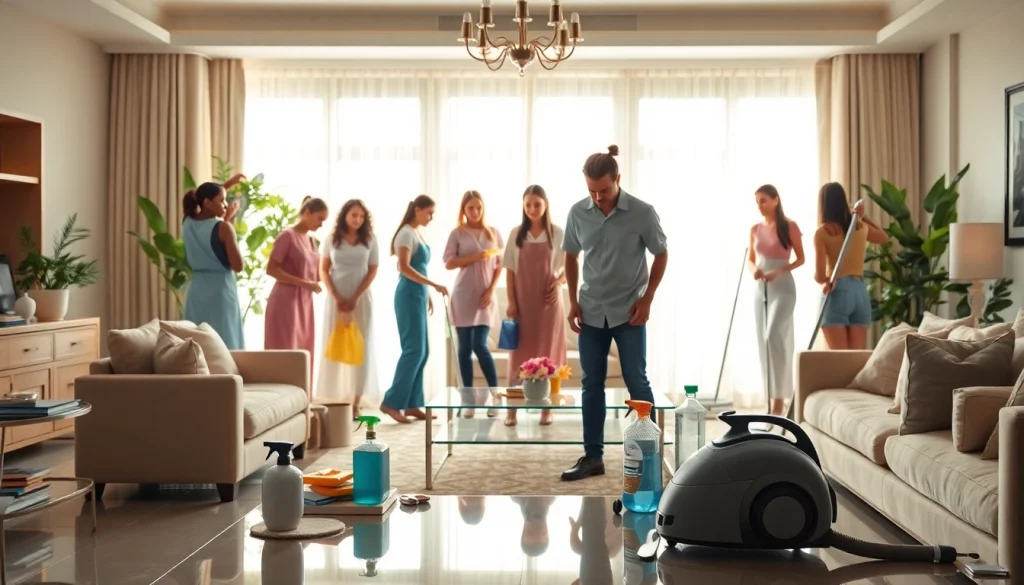Cleaning service team efficiently tidying a bright home, showcasing their attention to detail and professionalism.