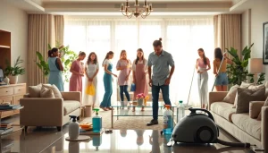 Cleaning service team efficiently tidying a bright home, showcasing their attention to detail and professionalism.