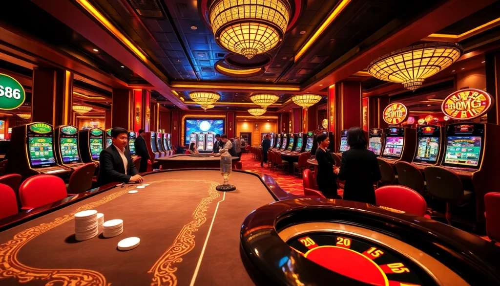 Exciting scene at Nhà Cái S8 casino with professional dealers and vibrant gaming elements.