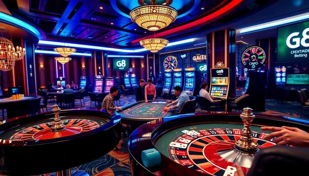 Players enjoying high-stakes poker at Go8 casino with vibrant lights and luxury ambiance.