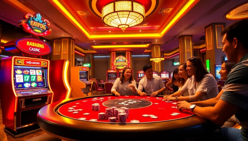 Experience the thrilling excitement at RAJABARONG Casino with vibrant slot machines and enthusiastic players.