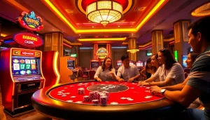 Experience the thrilling excitement at RAJABARONG Casino with vibrant slot machines and enthusiastic players.