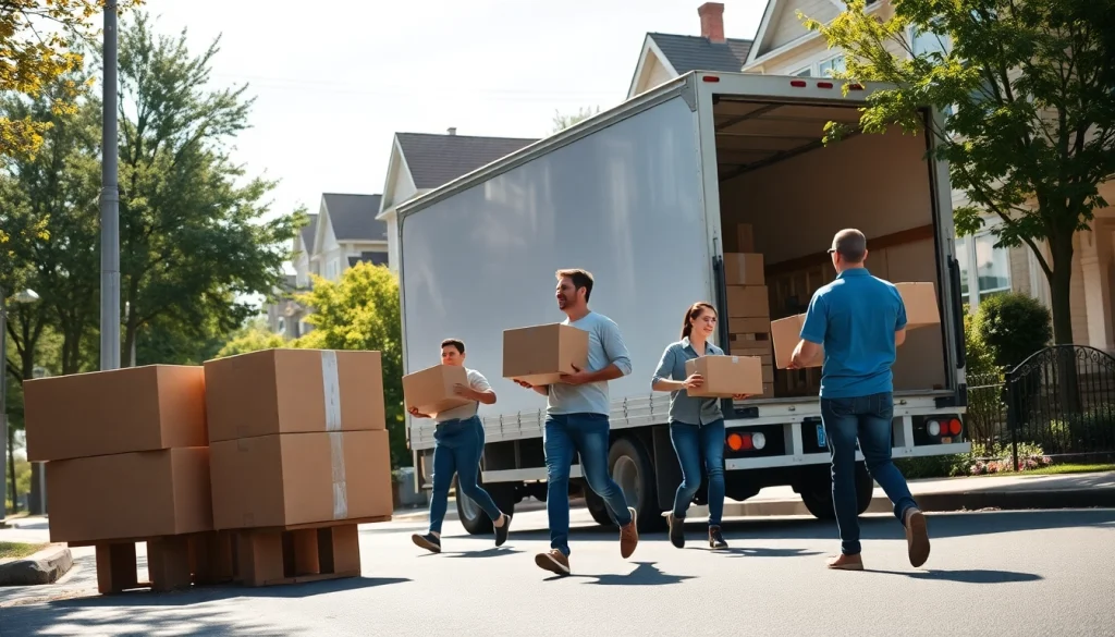 Provincial movers efficiently relocating a family in a bright city environment.