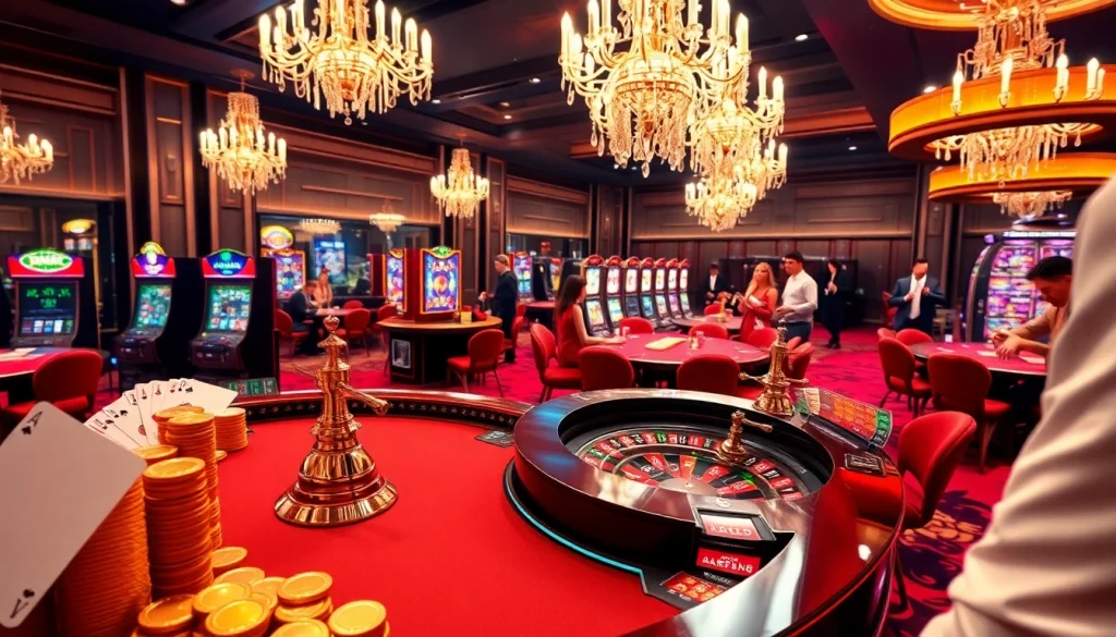 Experience excitement at jun888 with a luxurious casino scene featuring roulette and enthusiastic players.