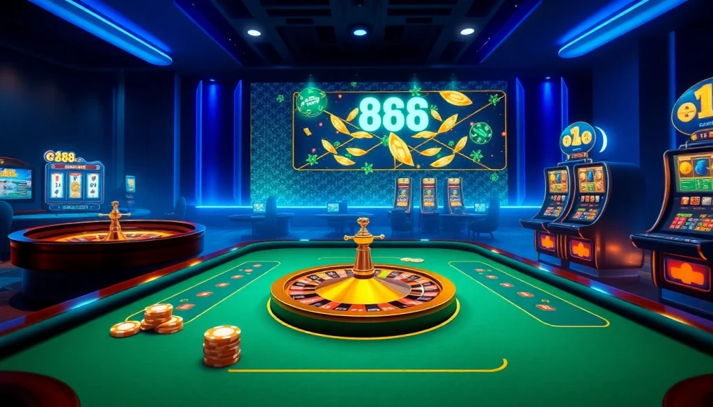 Experience the excitement of gaming at mm88.press with vibrant casino visuals of tables and machines.