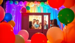 Rent a Photo Booth for a wedding with vibrant decorations and joyful guests posing.