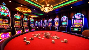 Engaging poker game scene with players at ww88 casino, featuring chips, cards, and vibrant slot machines.