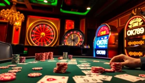 OK789 poker table showcasing high-stakes action with vibrant chips and cards for an immersive gambling experience.