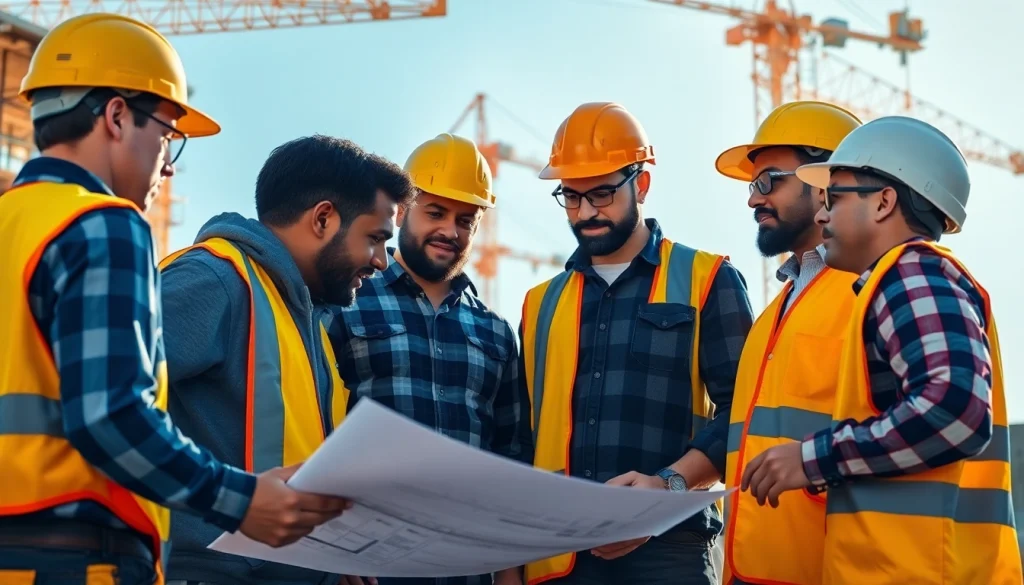 Engaged construction workers discussing careers in construction on an active job site.