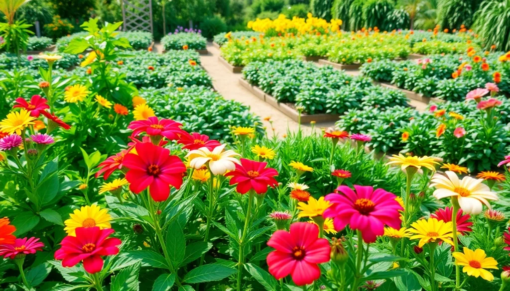 Gardening in a colorful and vibrant garden with blooming flowers and lush green plants.