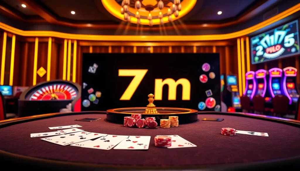 Experience thrilling gambling action at a luxurious 7m poker table with vibrant chips and cards.
