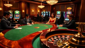 Engage in thrilling poker action at a luxurious casino featuring okbay-themed décor.
