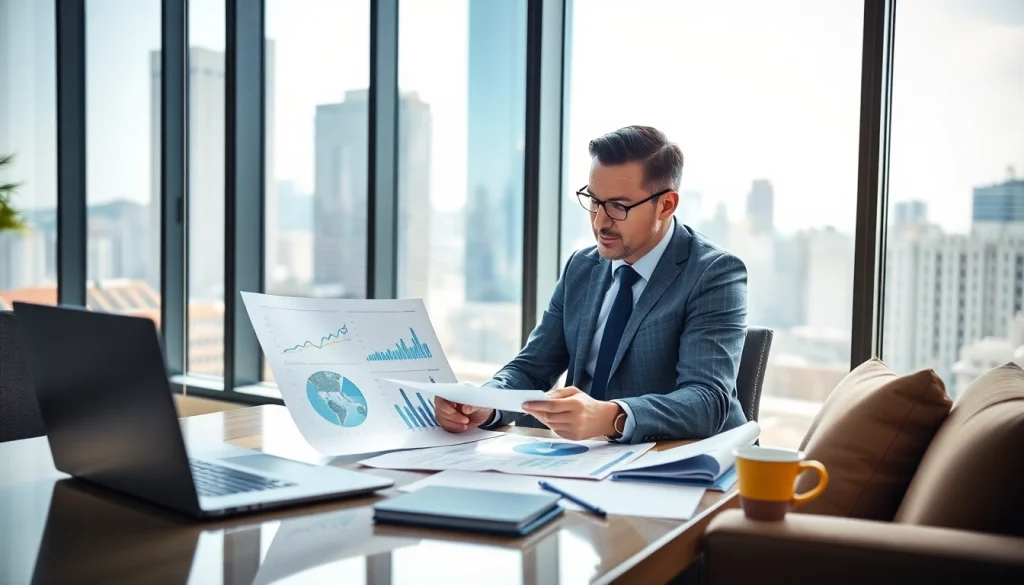 General financial consultant reviewing charts in a bright office setting.