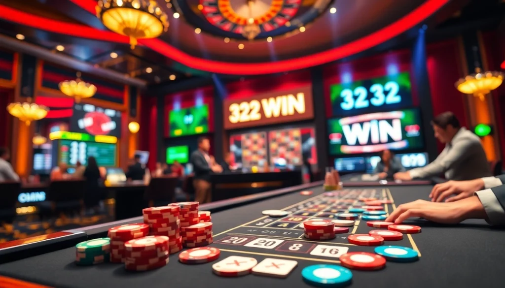 Experience the thrill of wagering at 32 WIN casino, featuring vibrant poker tables and roulette wheels.