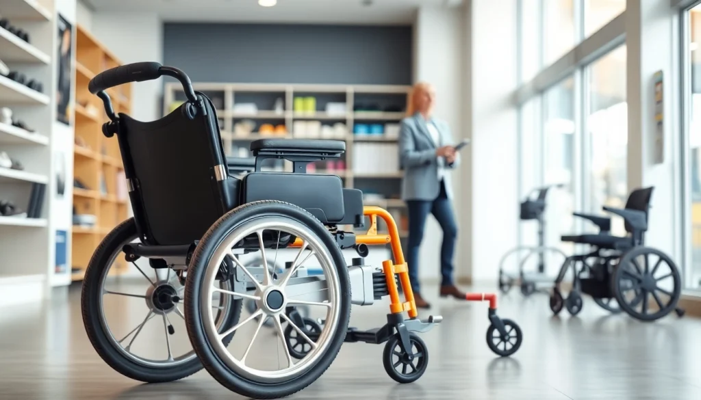 Innovative electric wheelchair in a professional medical showroom, showcasing advanced mobility solutions.
