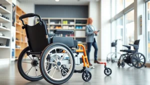 Innovative electric wheelchair in a professional medical showroom, showcasing advanced mobility solutions.