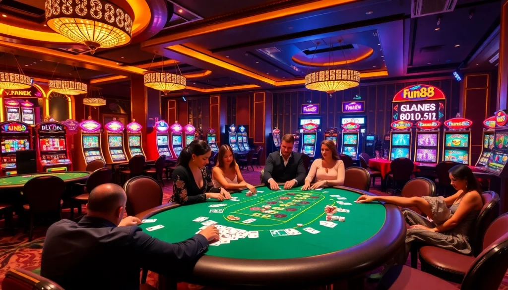 Fun88 players enjoying high-stakes poker and vibrant slot machines in a luxurious casino setting.