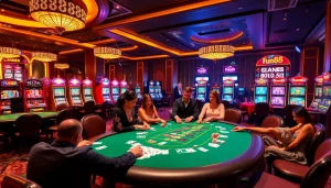 Fun88 players enjoying high-stakes poker and vibrant slot machines in a luxurious casino setting.
