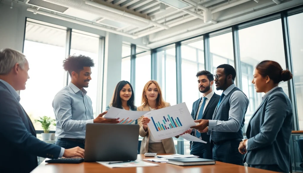 Team collaborating in a modern office, highlighting td web business banking with financial charts and technology.