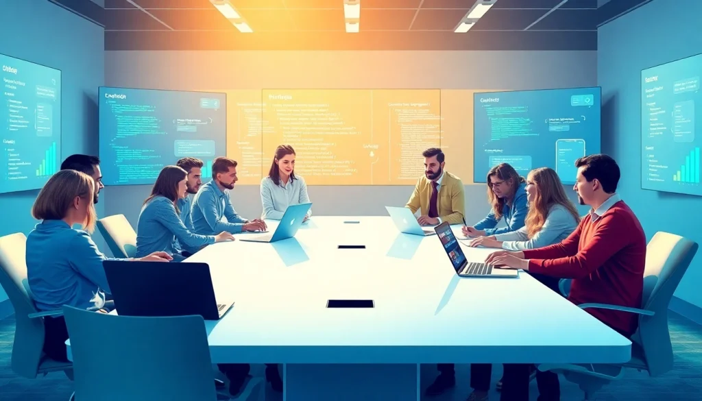 Team collaborating on app development with laptops and design screens in a modern office setting.