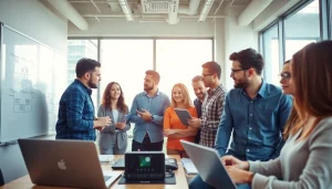 Collaboration in a vibrant agency setting showcasing diverse teamwork and digital creativity.