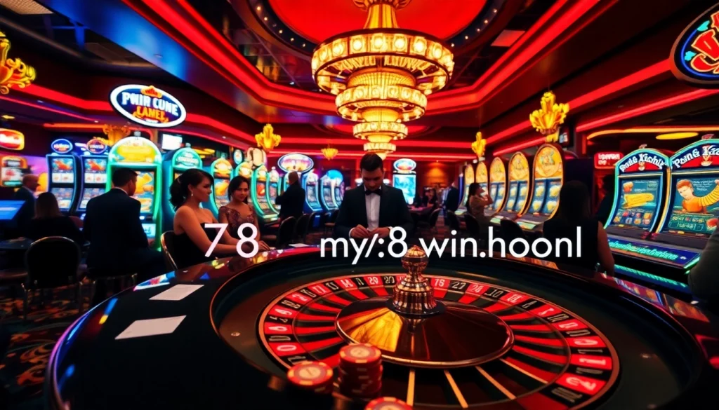 Excitement at the casino with players engaged as they win big at https://78win.school/ featuring roulette and slot machines.