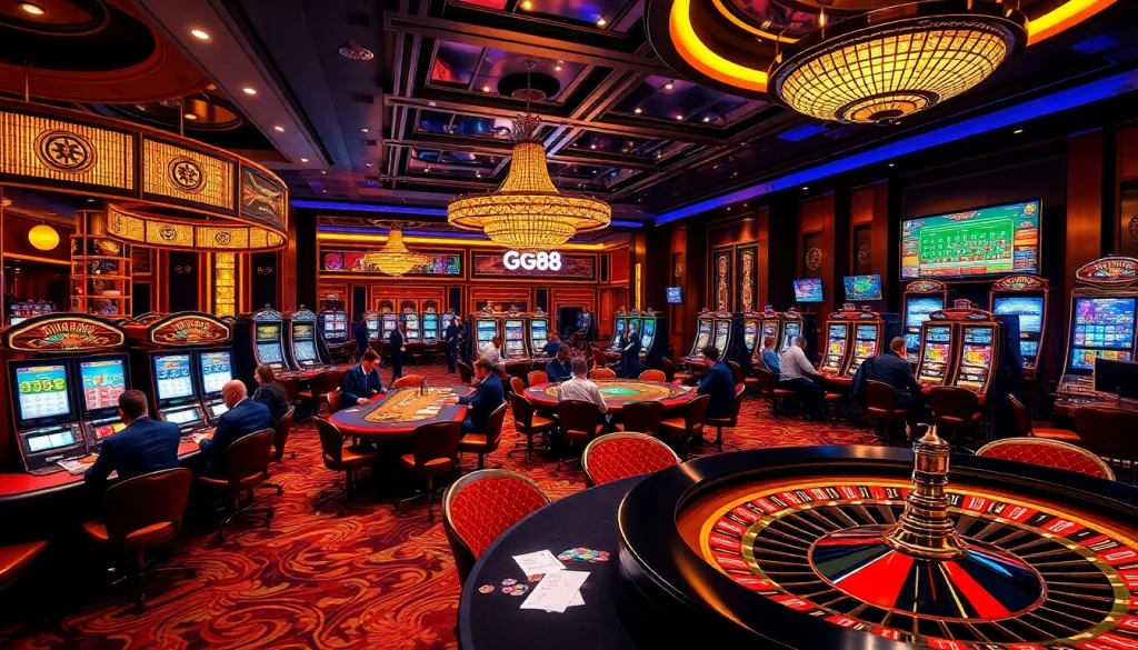 Exciting casino gaming scene showcasing GG88 with players at poker and slots.